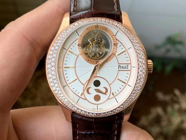 Piaget Gouverneur Tourbillon RG OXF Best Edition White Dial Diamonds Bezel on Brown Leather Strap Replica