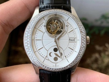 Piaget Gouverneur Tourbillon SS OXF Best Edition White Dial Diamonds Bezel on Brown Leather Strap Replica