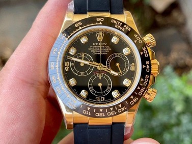 Daytona 116518 Noob 1:1 Best Edition YG Plated 904L SS Case Black Diamonds Dial on Black Rubber Strap SA4130 V4 Replica