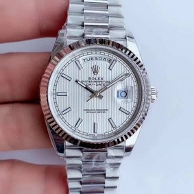 Rolex DayDate 40mm 904L Flt SS/SS S-Wht Strp Stk GMF Replica