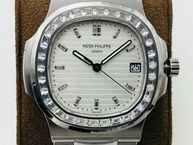 Nautilus Jumbo 5711 PF 1:1 Best Edition White Textured Dial Diamonds Bezel on SS Bracelet A324 Mirror Replica
