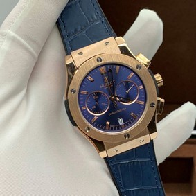 Hublor BlueGold Chrono Hight Version on Black Leather Strap Replica
